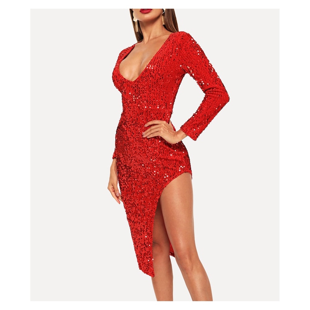 Red Deep V Long Sleeve High Slit Sequin Midi Dress - Picture 2 of 8